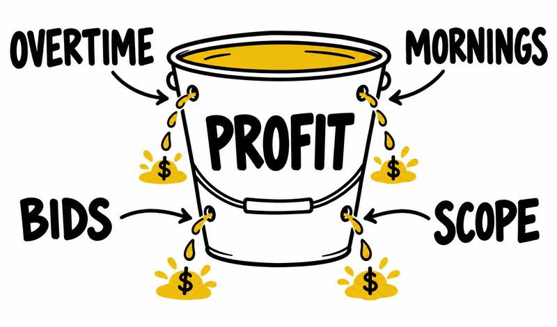 Doodle: a bucket of profit leaking through holes for overtime, bids, mornings, and scope