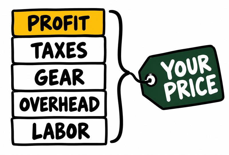 Doodle: labor, overhead, gear, and taxes stacked with profit on top make your price