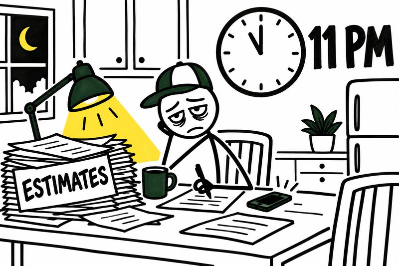 Doodle: a tired owner doing estimates at the kitchen table at 11 pm