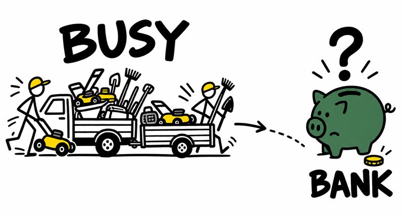 Doodle: a truck full of gear and a busy crew, next to a nearly empty piggy bank